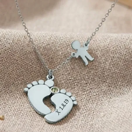 Silver feet necklace with monogram, date, boy and swarovski