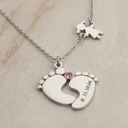 Silver feet necklace with monogram, date, girl and swarovski