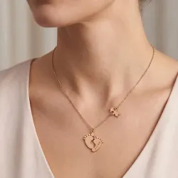 Silver rose gold plated feet necklace with monogram, date, girl and swarovski