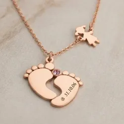 Silver rose gold plated feet necklace with monogram, date, girl and swarovski