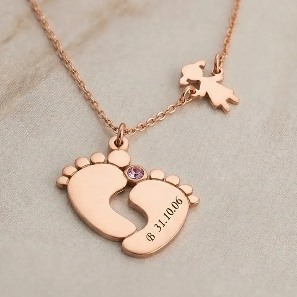 Silver rose gold plated feet necklace with monogram, date, girl and swarovski