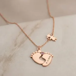 Silver rose gold plated feet necklace with monogram, date, girl and swarovski