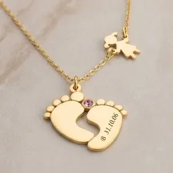 Silver gold plated feet necklace with monogram, date, girl and swarovski