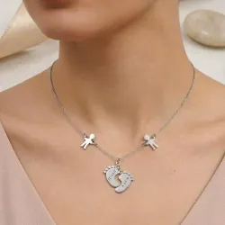 Silver feet necklace with monogram, date, 2 boys and swarovski