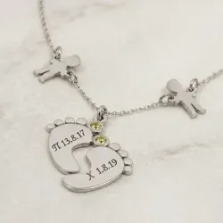 Ασημένιο επιπλατινωμένο κολιέ πατουσάκια-αγοράκια με μονόγραμμα, ημερομηνία και κρύσταλλo swarovski