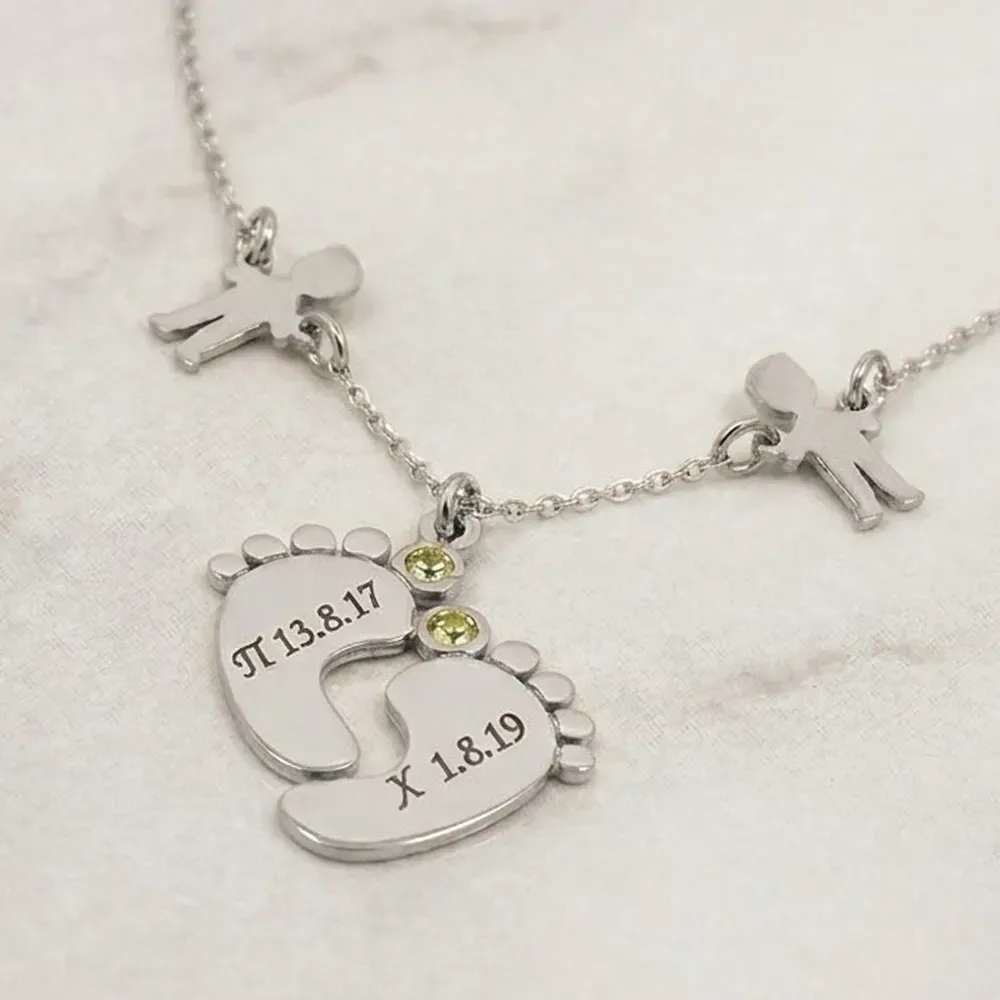 Silver feet necklace with monogram, date, 2 boys and swarovski