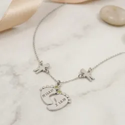 Silver feet necklace with monogram, date, 2 boys and swarovski