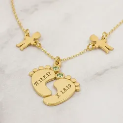 Silver gold plated feet necklace with monogram, date, 2 boys and swarovski