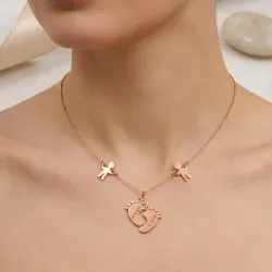 Silver rose gold plated feet necklace with monogram, date, 2 boys and swarovski