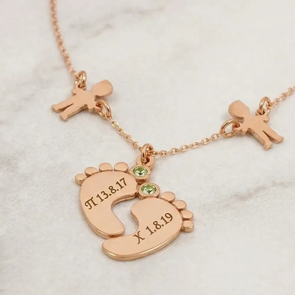 Silver rose gold plated feet necklace with monogram, date, 2 boys and swarovski