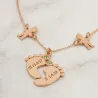 Silver rose gold plated feet necklace with monogram, date, 2 boys and swarovski