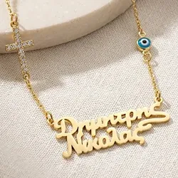 Κολιέ με 2 Ονόματα, Σταυρό & Ματάκι σε Επιχρυσωμένο Ασήμι