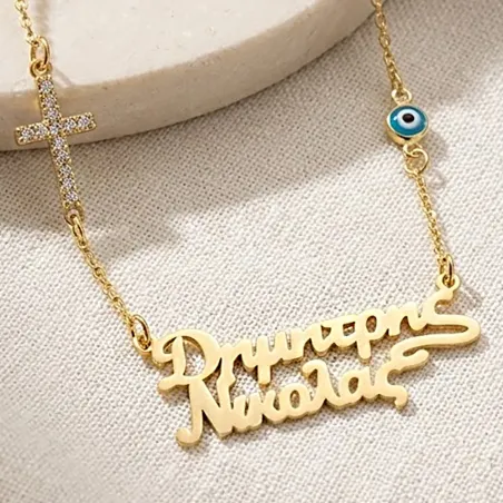 Κολιέ με 2 Ονόματα, Σταυρό & Ματάκι σε Επιχρυσωμένο Ασήμι