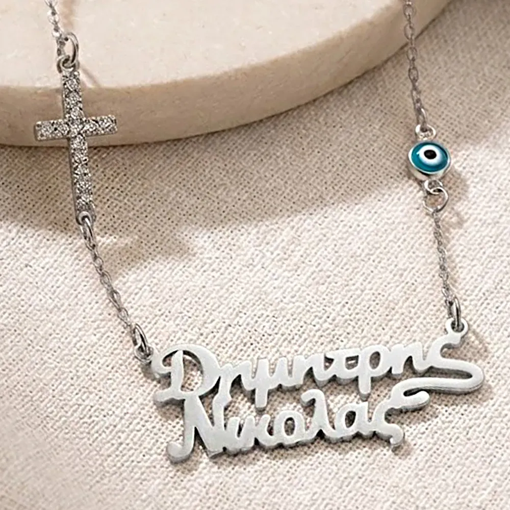 Platinum Plated Necklace with 2 Names, Cross & Blue Eye