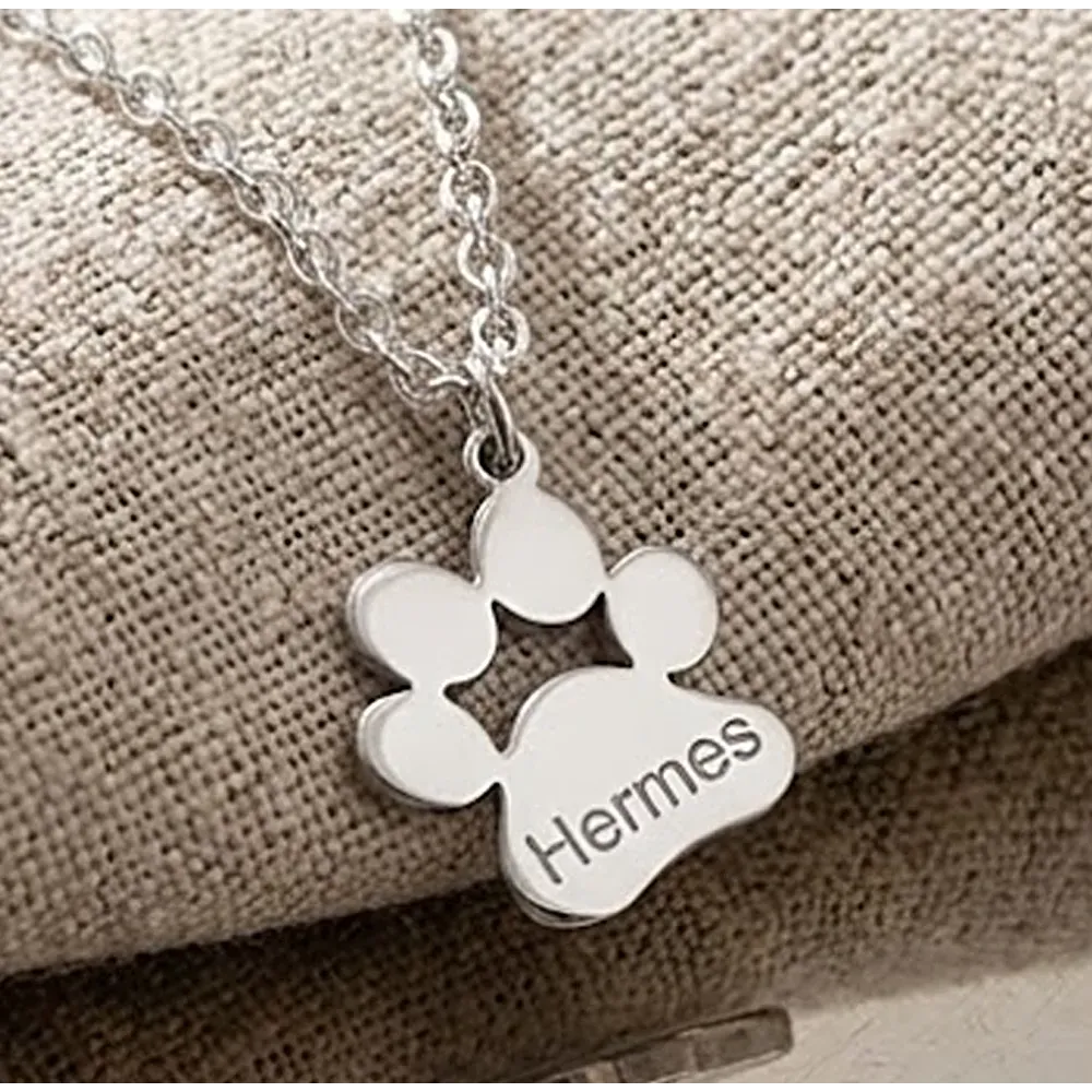 Ασημένια επιπλατινωμένη πατούσα σκύλου-γάτας με χαραγμένο όνομα, ατσάλινη αλυσίδα