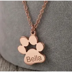 Sterling silver rose gold plated dog-cat paw pendant with engraved name, Stainless steel chain