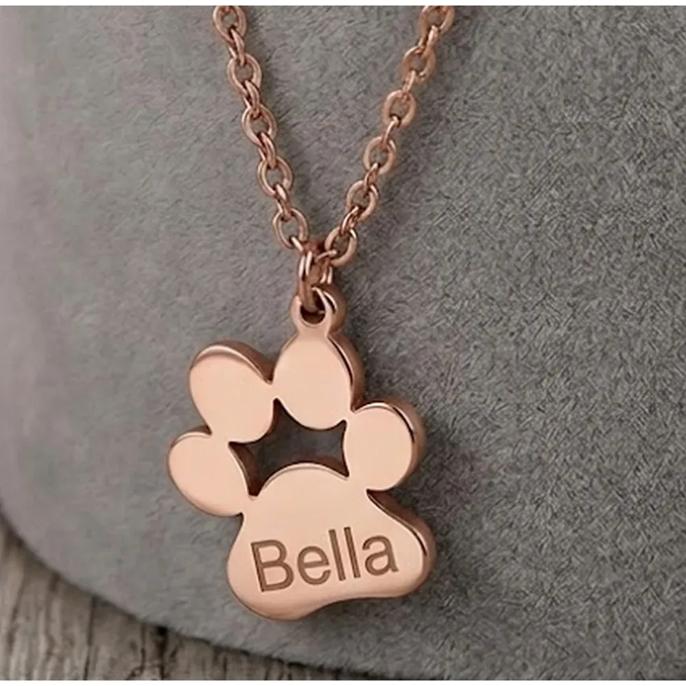 Ασημένια ροζ επιχρυσωμένη πατούσα σκύλου-γάτας με χαραγμένο όνομα, ατσάλινη αλυσίδα