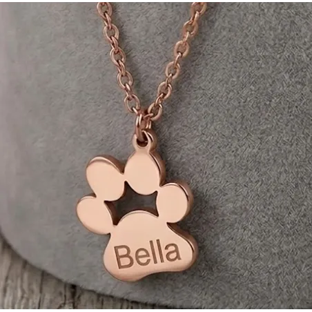 Ασημένια ροζ επιχρυσωμένη πατούσα σκύλου-γάτας με χαραγμένο όνομα, ατσάλινη αλυσίδα