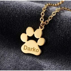 Sterling silver gold plated dog-cat paw pendant with engraved name, stainless steel chain