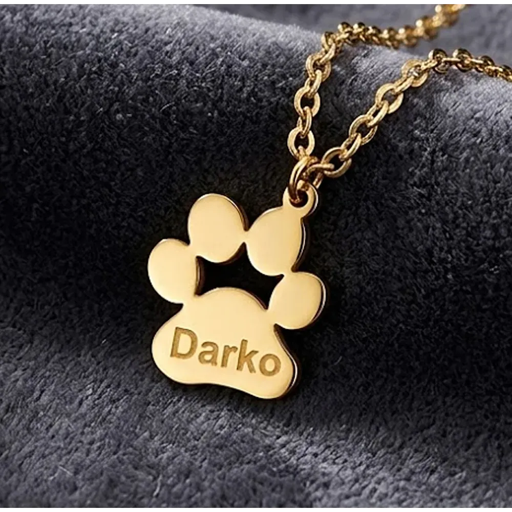 Ασημένια επιχρυσωμένη πατούσα σκύλου-γάτας με χαραγμένο όνομα, ατσάλινη αλυσίδα