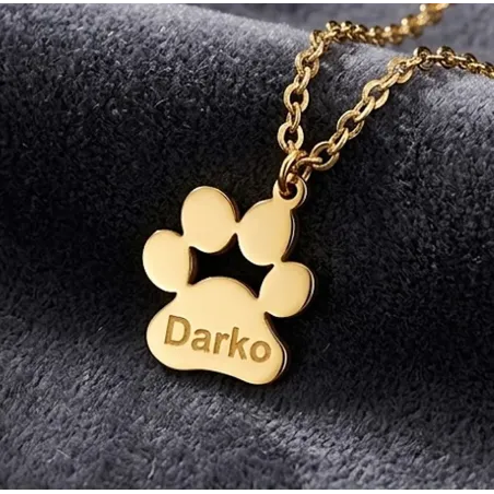 Ασημένια επιχρυσωμένη πατούσα σκύλου-γάτας με χαραγμένο όνομα, ατσάλινη αλυσίδα