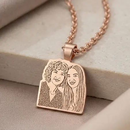 Silver rose gold plated pendant border with photo engraving, stainless steel chain + date on the back