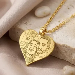 Silver gold plated heart pendant with photo engraving, stainless steel chain + date on the back
