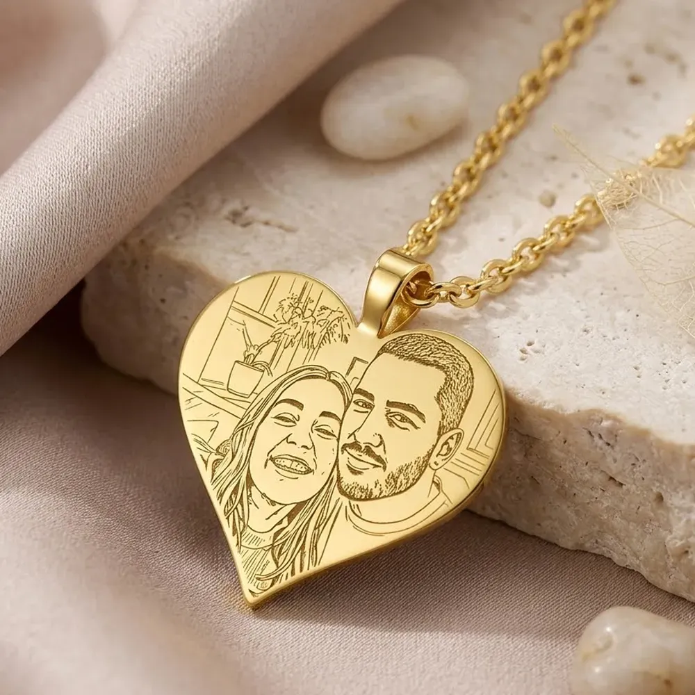 Silver gold plated heart pendant with photo engraving, stainless steel chain + date on the back