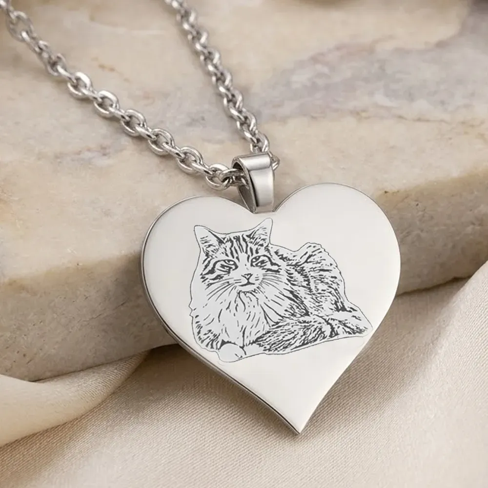 Silver platinum plated heart pendant with photo engraving, stainless steel chain