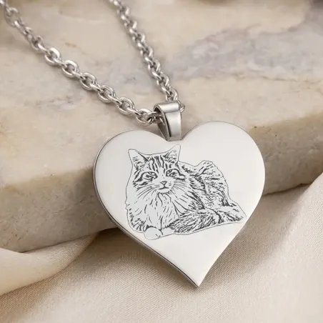 Silver platinum plated heart pendant with photo engraving, stainless steel chain