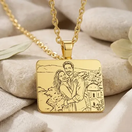 Silver gold plated rectangular pendant with photo engraving, stainless steel chain + date on the back
