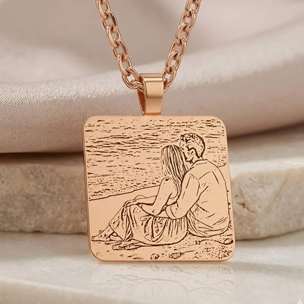 Silver rose gold plated rectangular pendant with photo engraving, stainless steel chain + date on the back