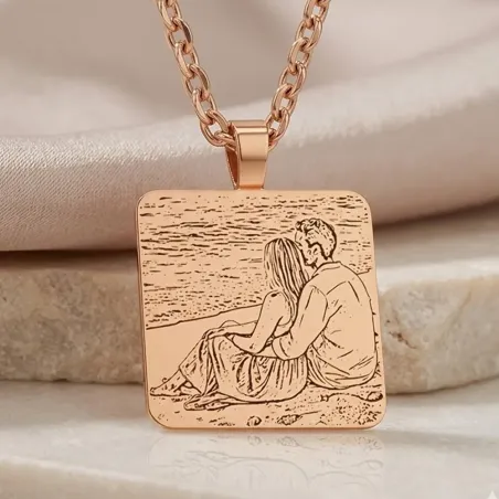 Silver rose gold plated rectangular pendant with photo engraving, stainless steel chain + date on the back