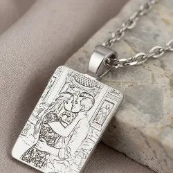 Silver platinum plated rectangular pendant with photo engraving, stainless steel chain + date on the back