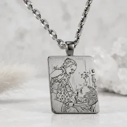 Nickel silver rectangle pendant with photo engraving, stainless steel chain + date on the back