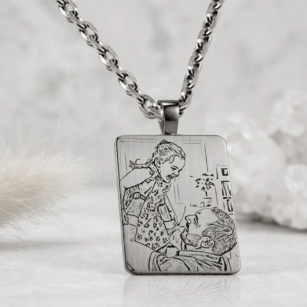 Nickel silver rectangle pendant with photo engraving, stainless steel chain + date on the back