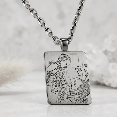 Nickel silver rectangle pendant with photo engraving, stainless steel chain + date on the back