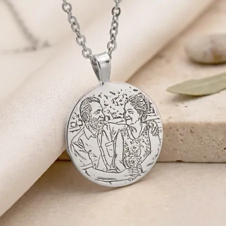 Silver platinum plated pendant disc with photo engraving, stainless steel chain + date on the back