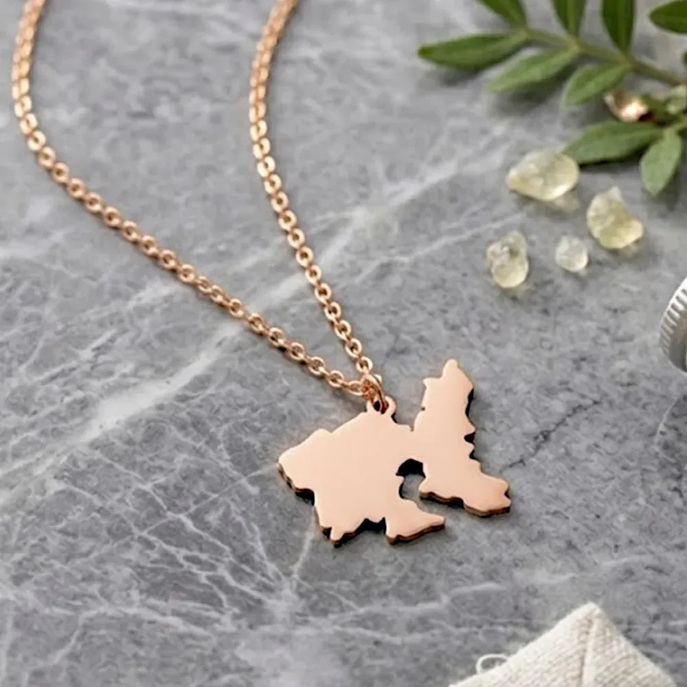 Sterling silver rose gold plated pendant with cut out map, Stainless Steel Chain