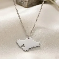 Sterling silver platinum plated pendant with cut out map, Stainless Steel Chain