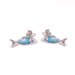 Sterling Silver 925 Fish Stud Earrings With Blue Enamel
