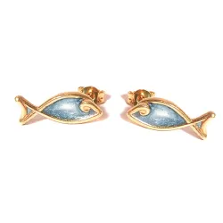 Gold Plated Sterling Silver 925 Fish Stud Earrings With Blue Enamel