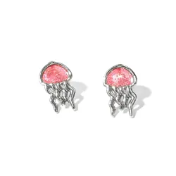 Sterling Silver 925 Jellyfish Stud Earrings With Pink Enamel