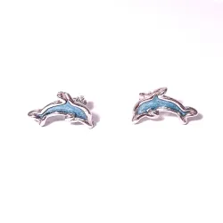 Sterling Silver 925 Dolphin Stud Earrings With Blue Enamel