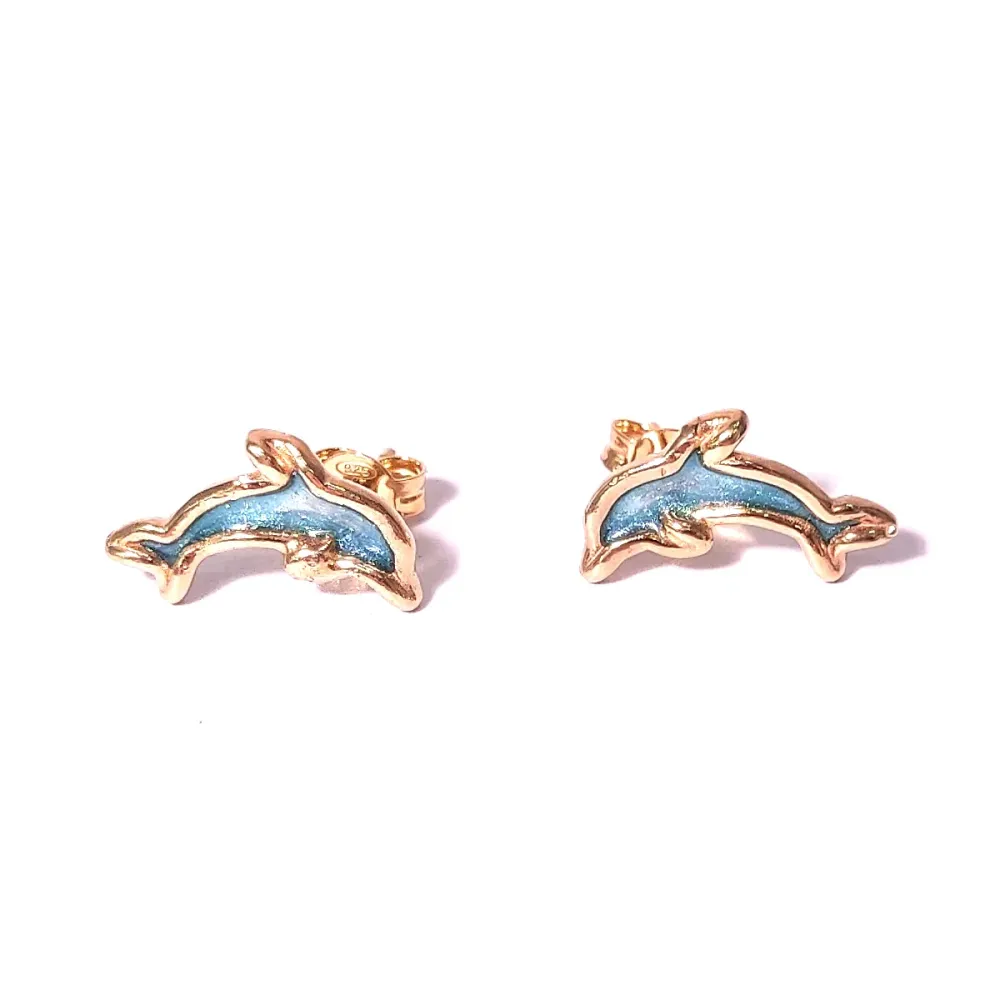 Gold Plated Sterling Silver 925 Dolphin Stud Earrings With Blue Enamel