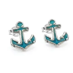 Sterling Silver 925 Anchor Stud Earrings With Blue Enamel