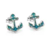 Sterling Silver 925 Anchor Stud Earrings With Blue Enamel