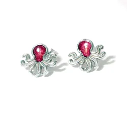 Sterling Silver 925 Octopus Stud Earrings With Red Enamel