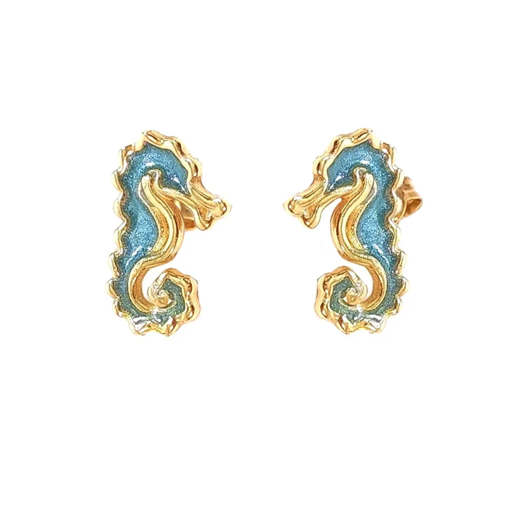 Gold Plated Sterling Silver 925 Seahorse Stud Earrings With Blue Enamel