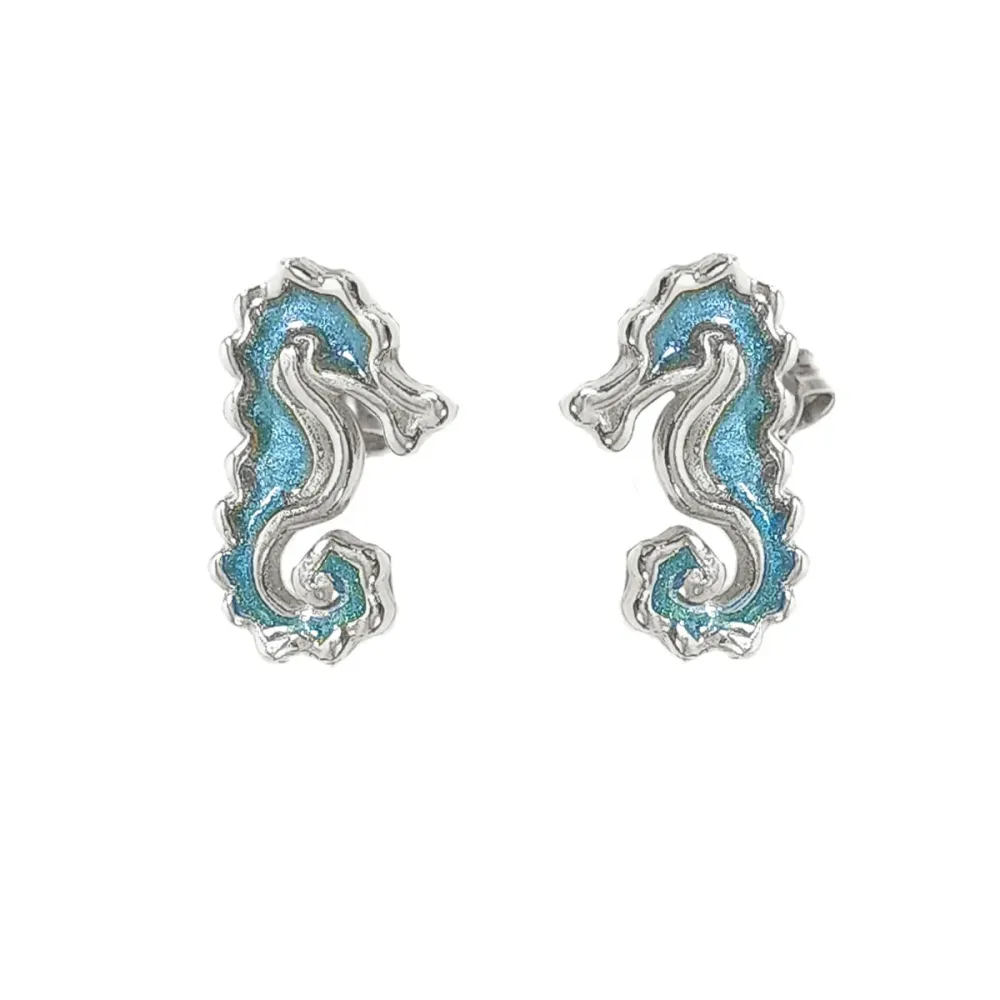 Sterling Silver 925 Seahorse Stud Earrings With Blue Enamel